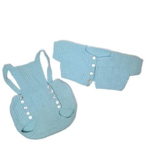 Vintage hand made knit baby toddler outfit set blue with abalone shell buttons
